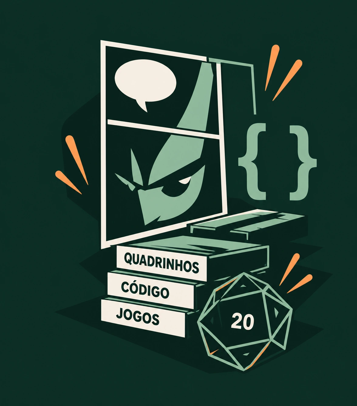 Ilustração de quadrinhos, livros de código e jogos, chaves de programação e um dado de vinte lados, em verde e laranja.
